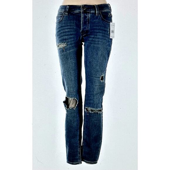 Free People Distressed Fishnet-Inlet Skinny Jeans Tupelo Blue 25 - Picture 3 of 16